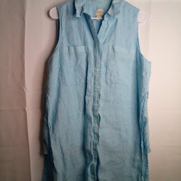 Chico's Blouse 2 L Sleeveless Button Up Pockets Side Slit  100% Linen Blue - Picture 1 of 14